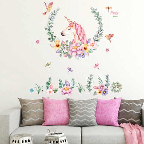 Pretty Floral Unicorn Wall Decal Stickers