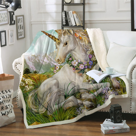 Plush Fleece Mountain Flower Unicorn Blanket