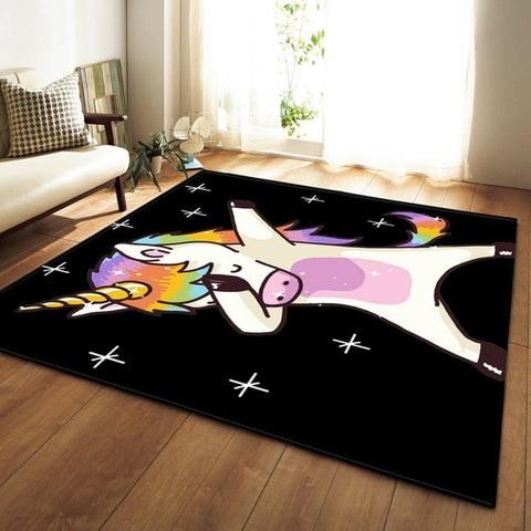 Black Dabbing Unicorn Print Area Rug Floor Mat