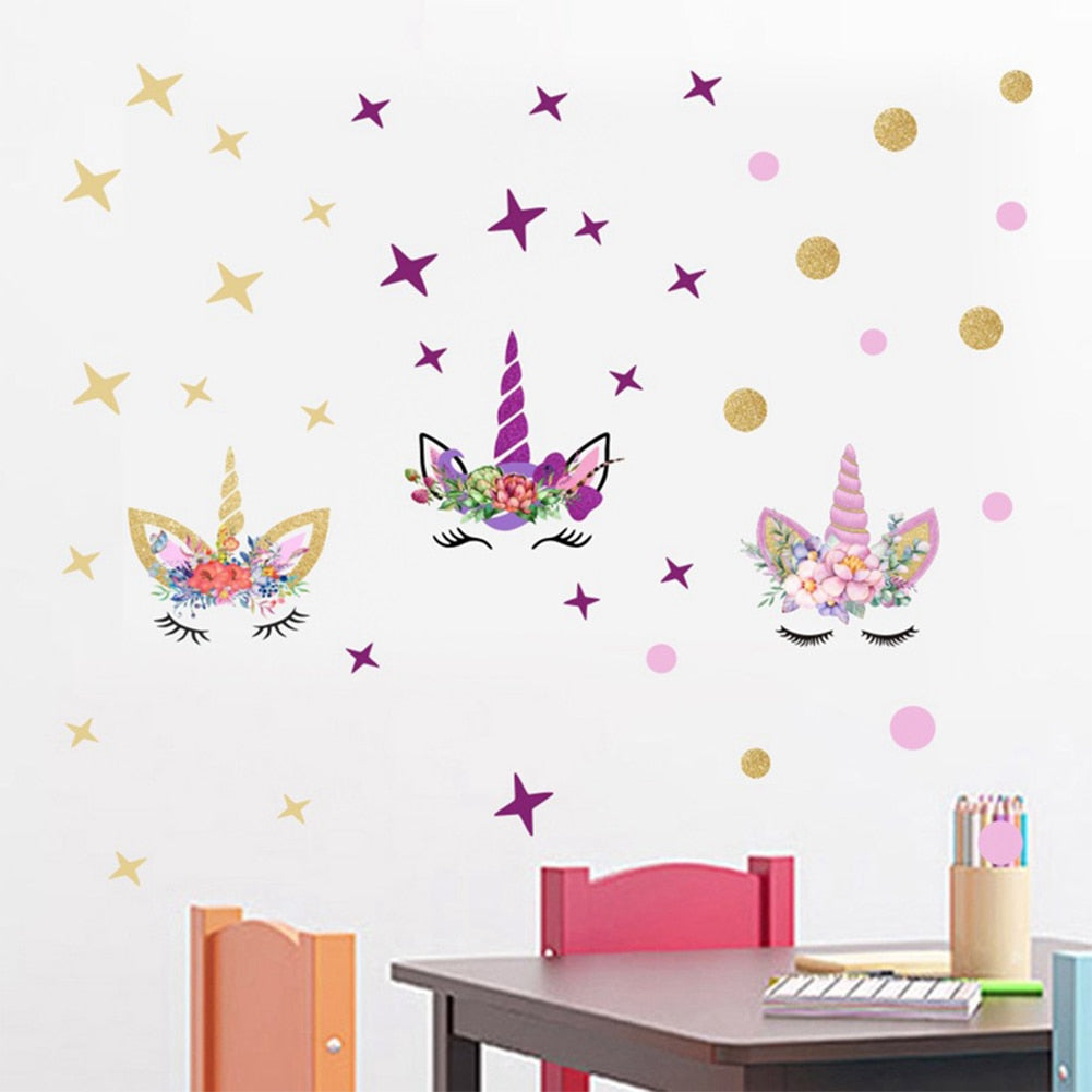 Flower Unicorn Wall Decal Sticker w/ Stars or Dots