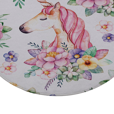 Round White Floral Unicorn Print Floor Mat Rug
