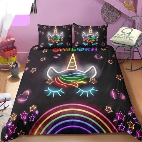 2/3-Piece Colorful Neon Rainbow Unicorn Duvet Cover Set