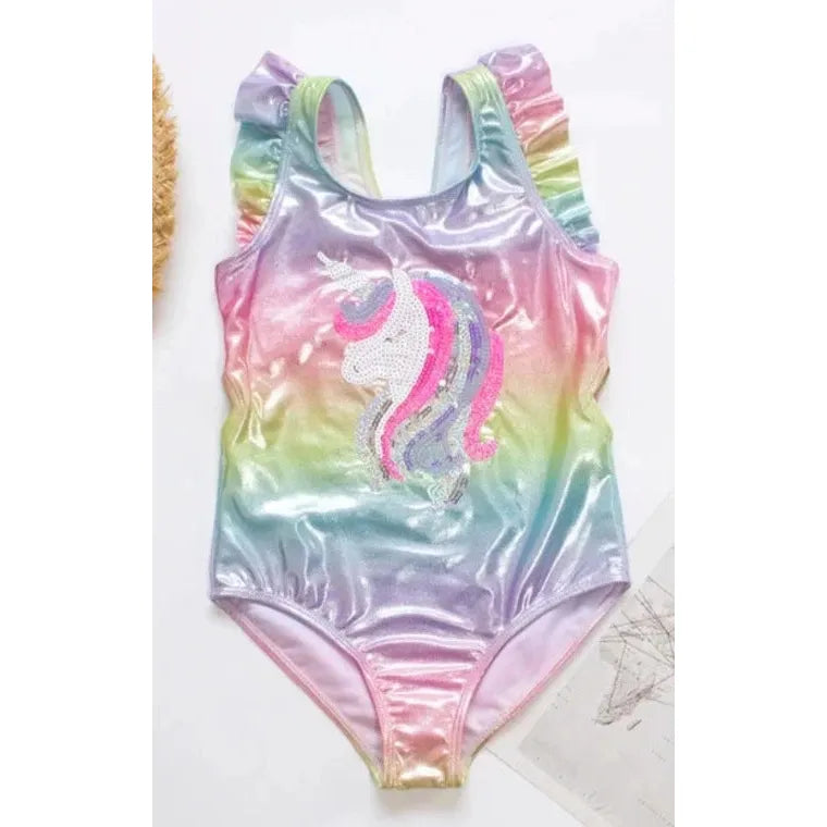 Girls One-Piece Unicorn and Rainbow Sequin Swimsuit