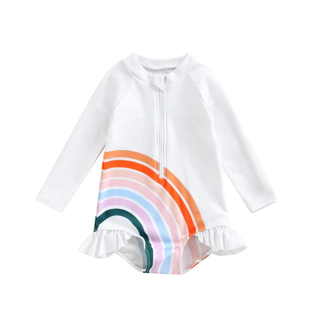 1-Piece Girls Rainbow Long Sleeve Ruffle Swimsuit