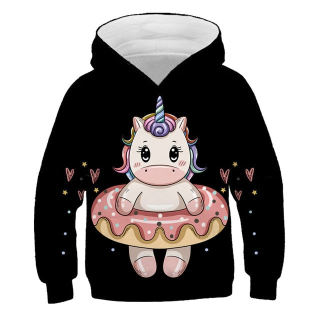 Black Cartoon Donut Rainbow Unicorn Hoodie Sweatshirt