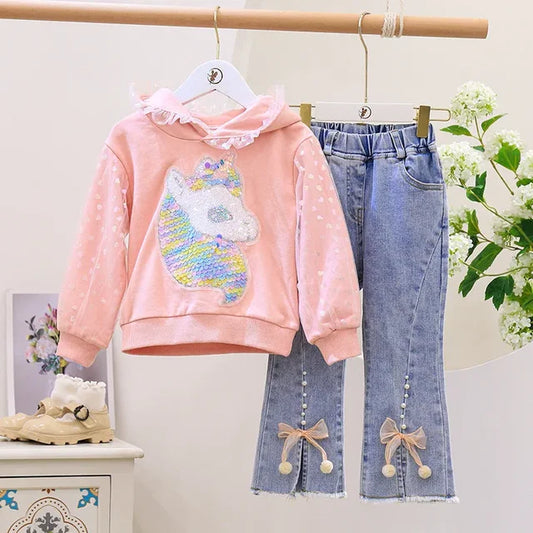 Girls Sequined Unicorn Hoodie Sweater and jeans