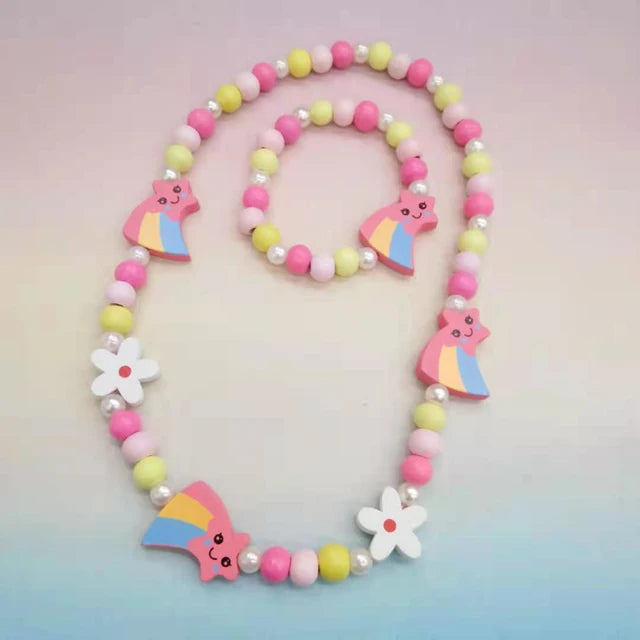 Colorful Wooden Unicorn and Rainbow Necklace 2pc